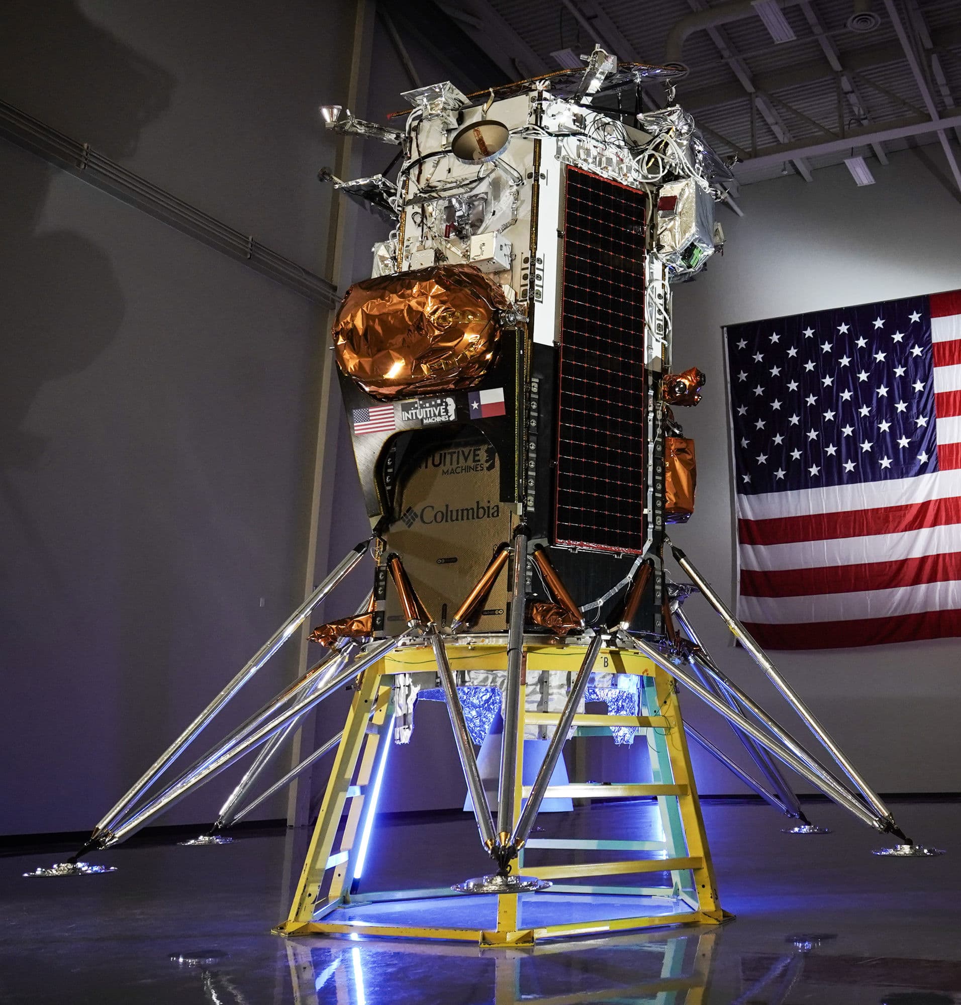 Intuitive Machines Nova-C lunar lander standing on its test stand