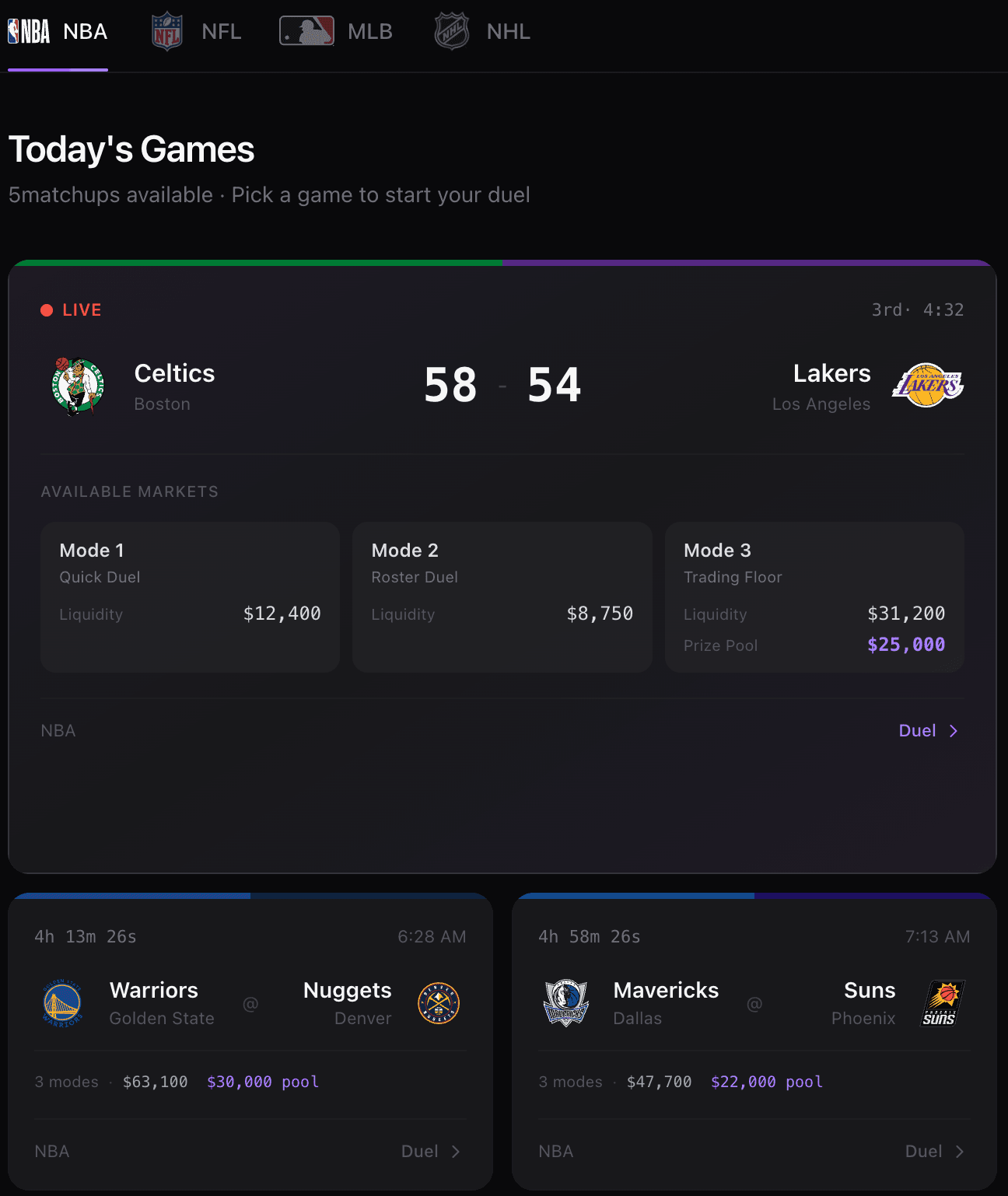 Roster sports-betting prototype showing live NBA matchups and duel modes